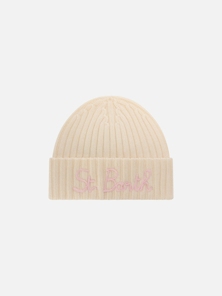 Bonnet Wengen Off white avec broderie St. Barth rose 