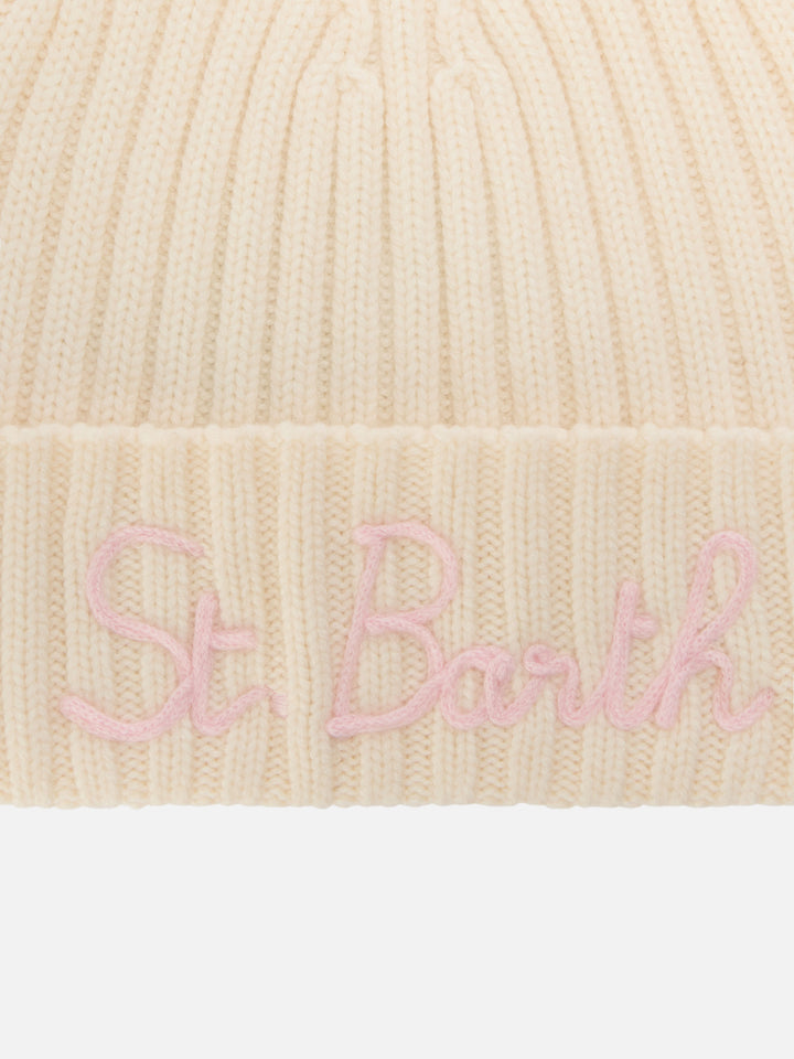 Bonnet Wengen Off white avec broderie St. Barth rose 