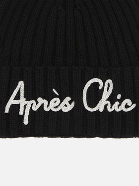 Wengen-Mütze aus Kaschmirmischung in Schwarz mit Lurex-Stickerei „Après Chic“.