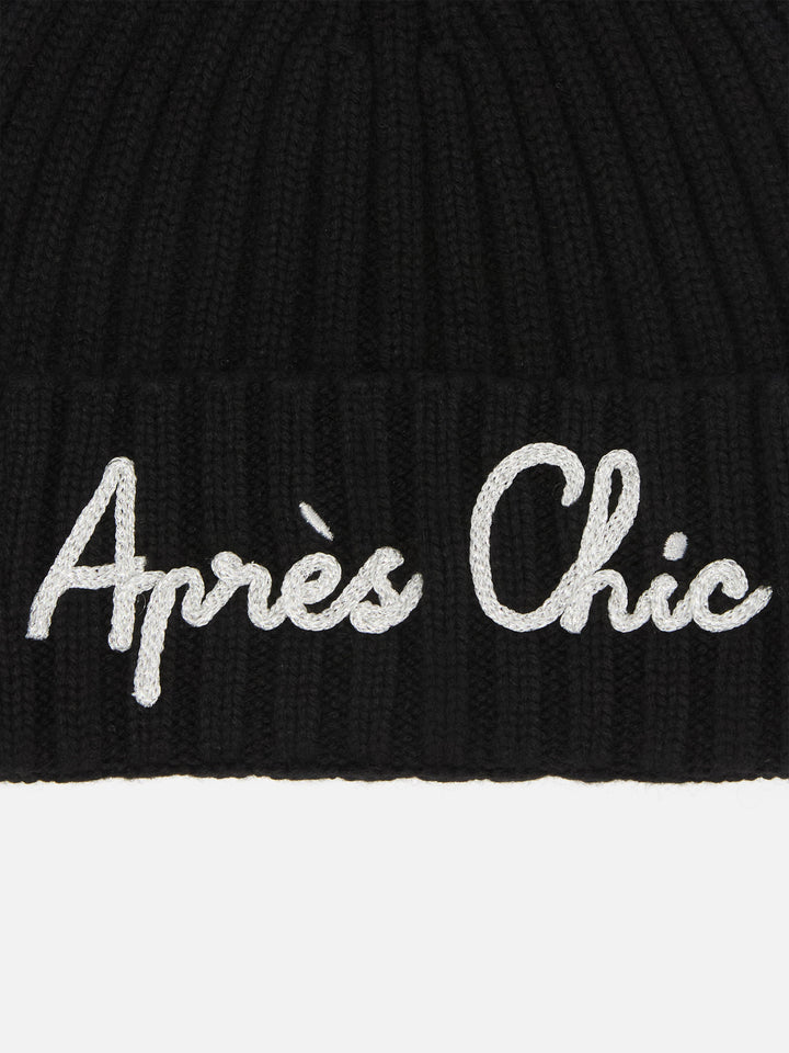Wengen-Mütze aus Kaschmirmischung in Schwarz mit Lurex-Stickerei „Après Chic“.