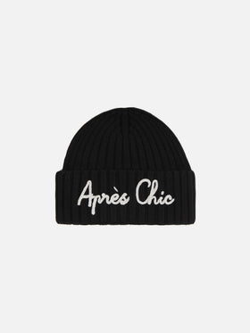 Wengen-Mütze aus Kaschmirmischung in Schwarz mit Lurex-Stickerei „Après Chic“.