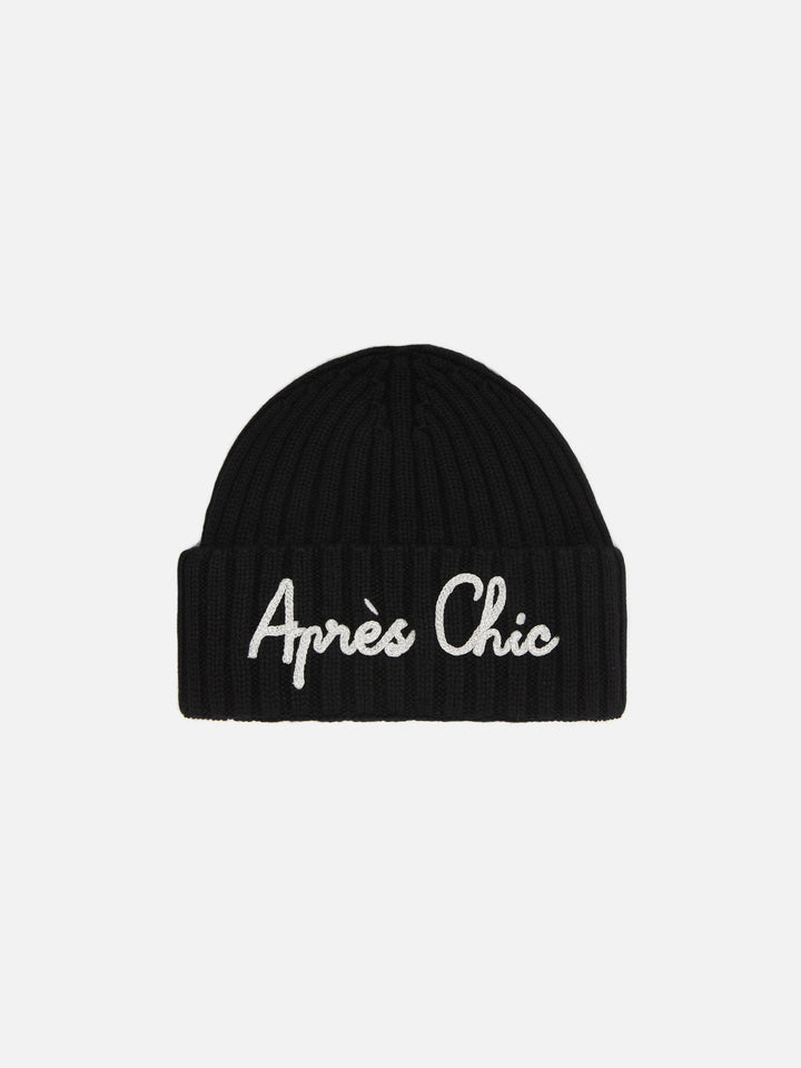 Wengen-Mütze aus Kaschmirmischung in Schwarz mit Lurex-Stickerei „Après Chic“.