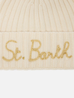 Berretto Wengen in misto cashmere bianco con ricamo lurex St. Barth