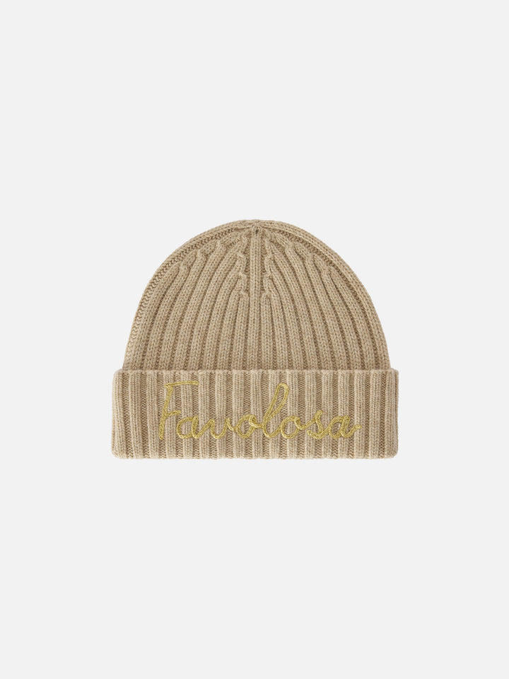 Gorro beanie Wengen beige con bordado Favolosa 