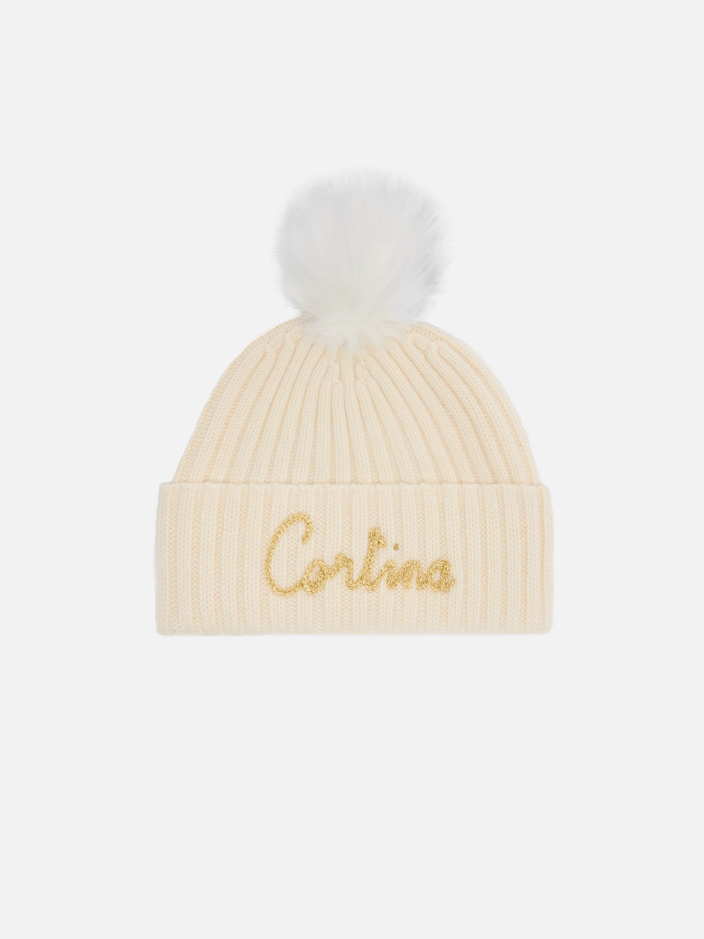 Berretto Wengen in misto cashmere bianco con ricamo lurex Cortina e pompon