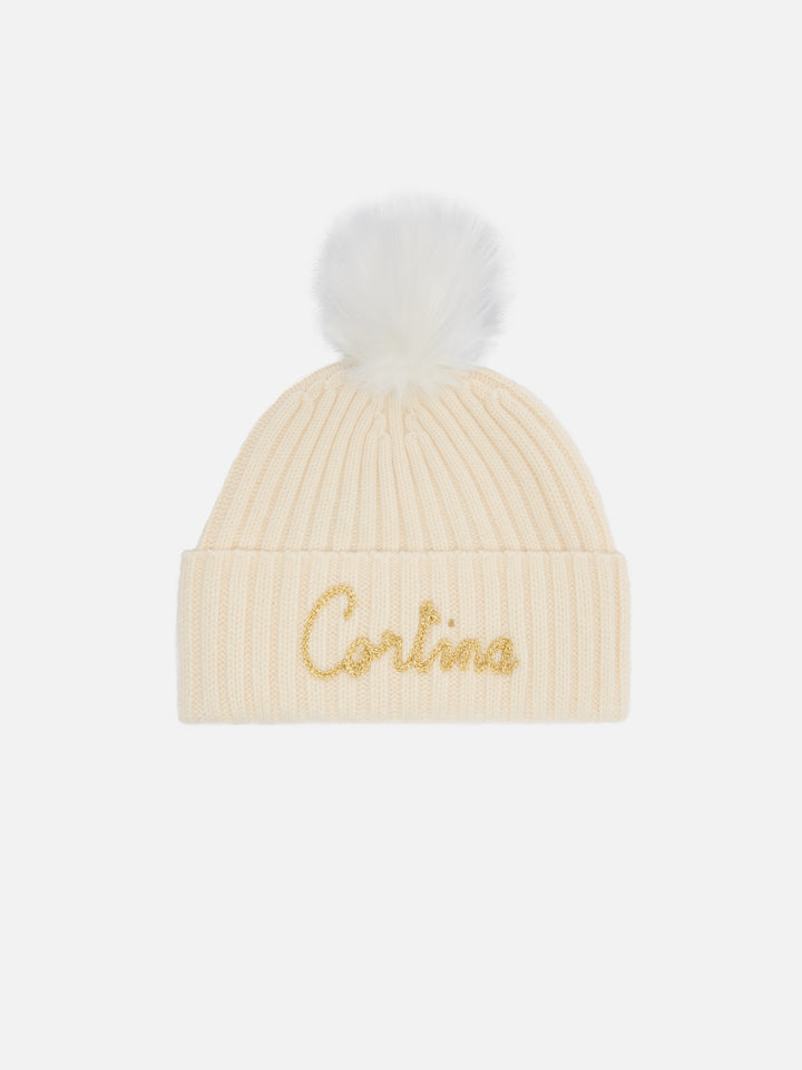 Berretto Wengen in misto cashmere bianco con ricamo lurex Cortina e pompon