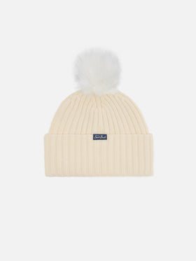 Berretto Wengen in misto cashmere bianco con ricamo lurex Cortina e pompon