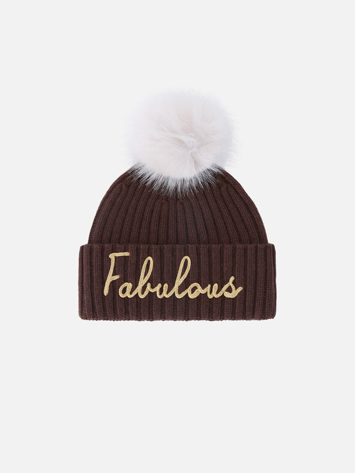 Brown Wengen beanie with pompom and Fabulous embroidery