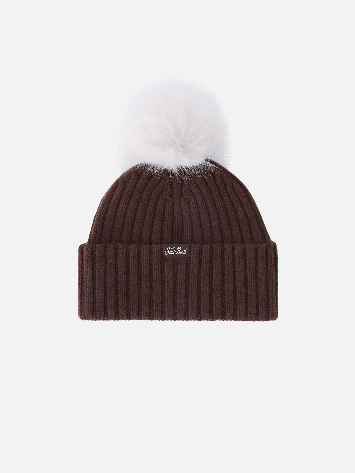 Brown Wengen beanie with pompom and Fabulous embroidery