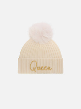 Off white Wengen beanie with pompom and Queen embroidery