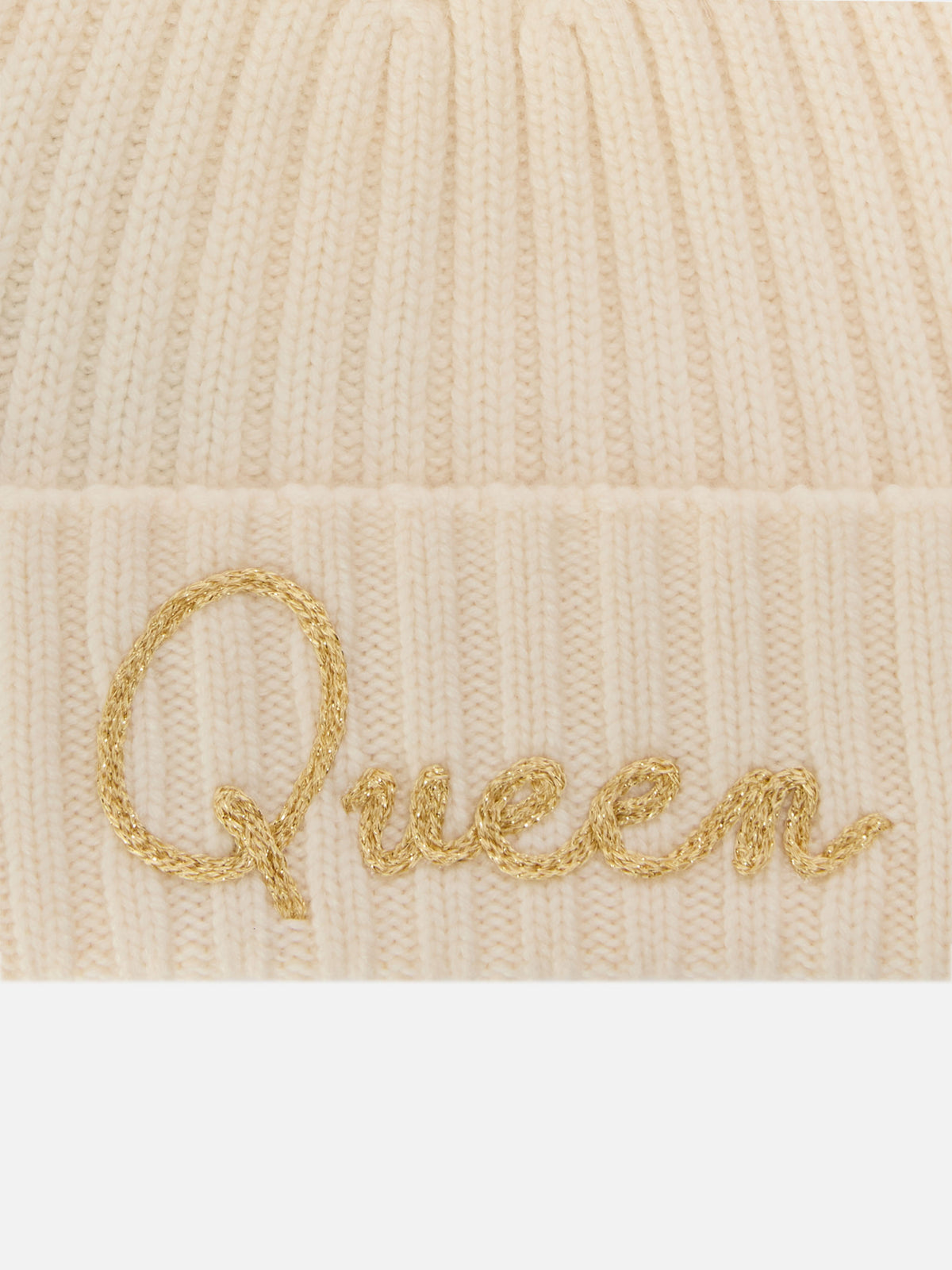 Off white Wengen beanie with pompom and Queen embroidery