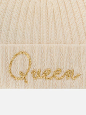 Off white Wengen beanie with pompom and Queen embroidery