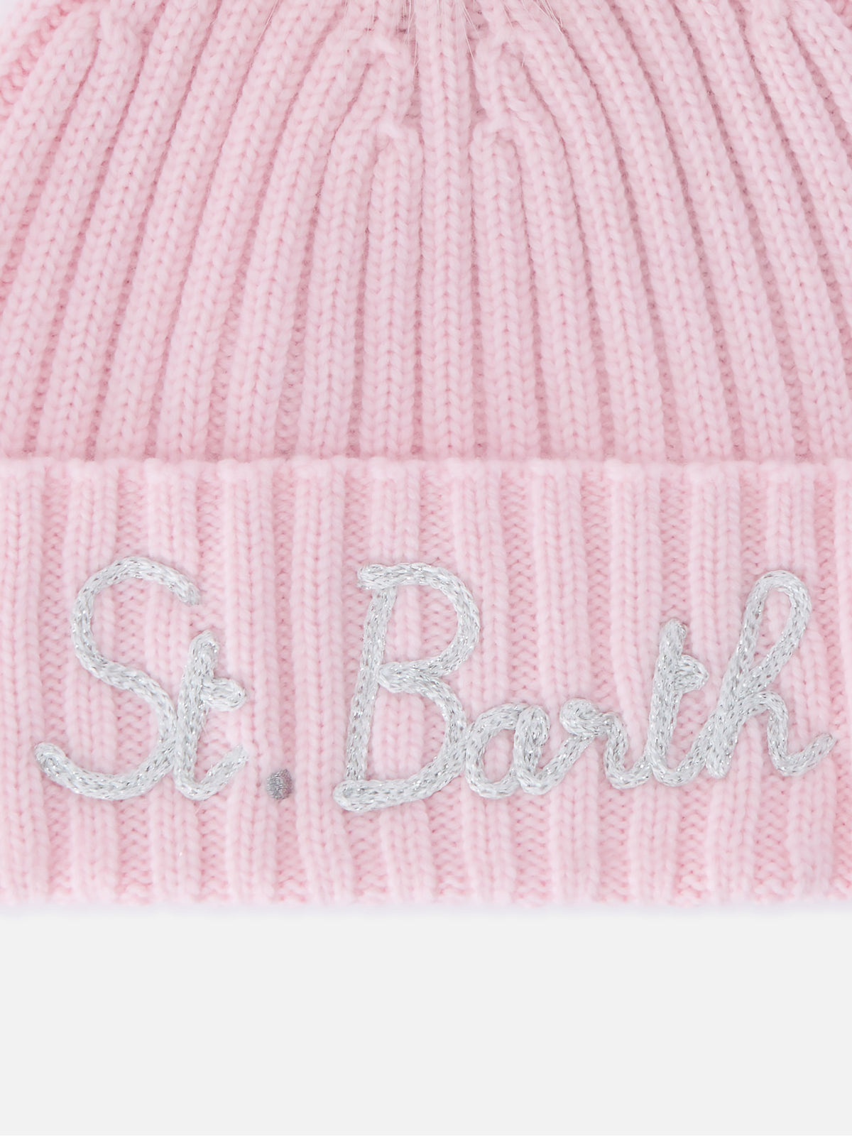 Pink Wengen beanie with pompom and St. Barth embroidery