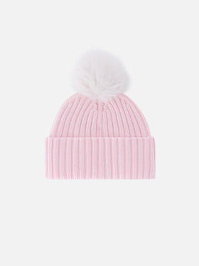 Pink Wengen beanie with pompom and St. Barth embroidery