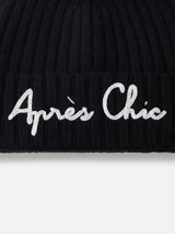 Woman black ribbed hat Wengen with Apres Chic embroidery