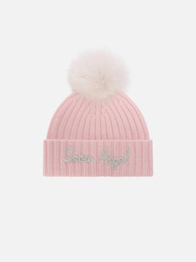 Berretto Wengen rosa con pompon e ricamo Snow Angel