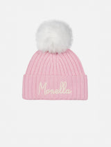 Girl pink hat Wengen with pompon and Monella embroidery