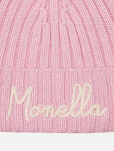 Girl pink hat Wengen with pompon and Monella embroidery