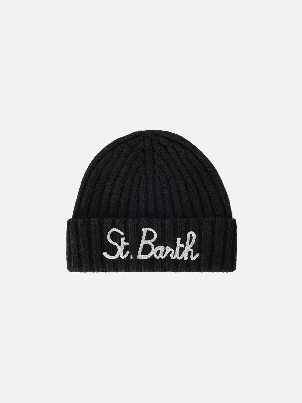 Schwarze Wengen-Beanie mit Logostickerei 
