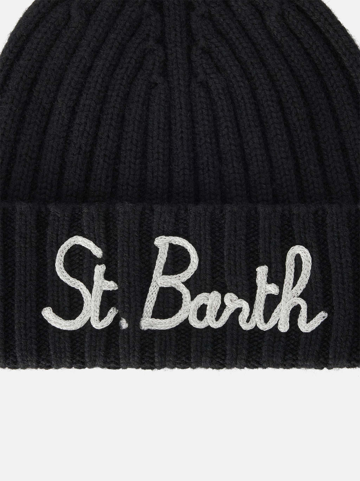 Schwarze Wengen-Beanie mit Logostickerei 