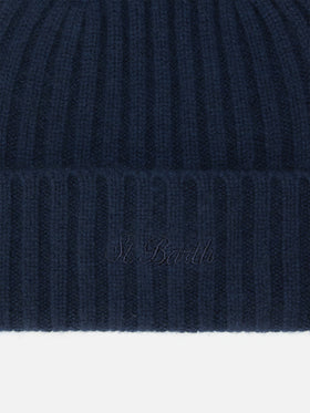 Berretto  Wengen in cashmere blu notte con Ricamo St. Barth sul risvolto