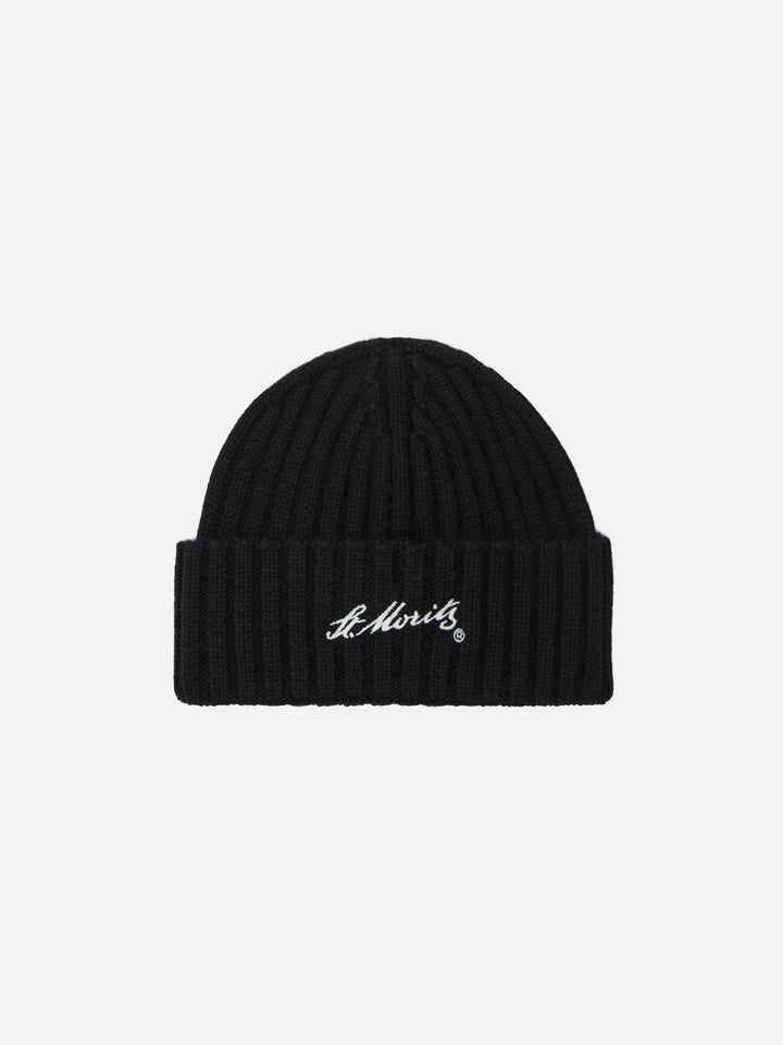 Wengen beanie in cashmere in black with St. Moritz embroidery
