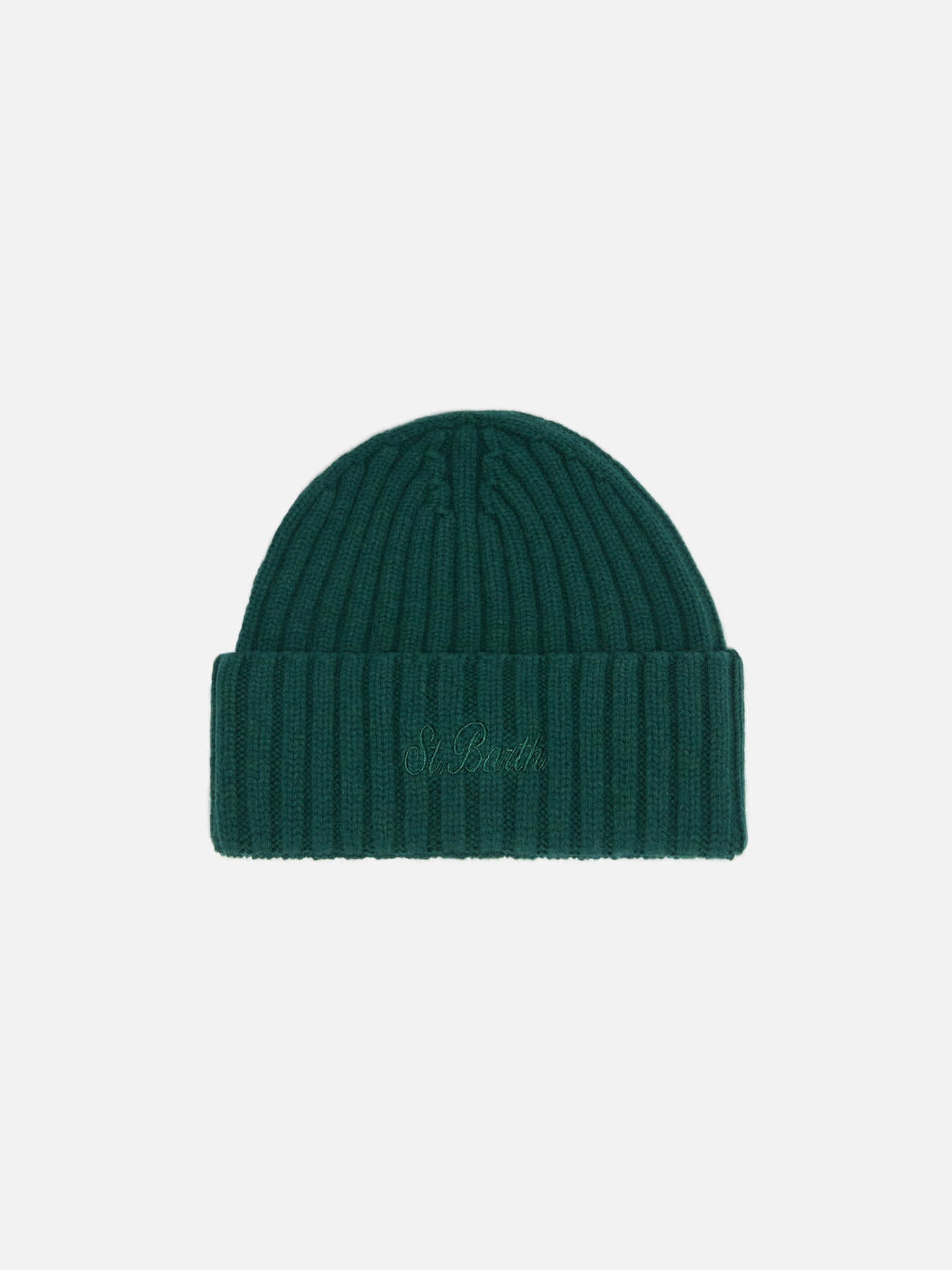 Wengen-Mütze aus britischer grüner Wolle mit St.-Barth-Stickerei am Umschlag