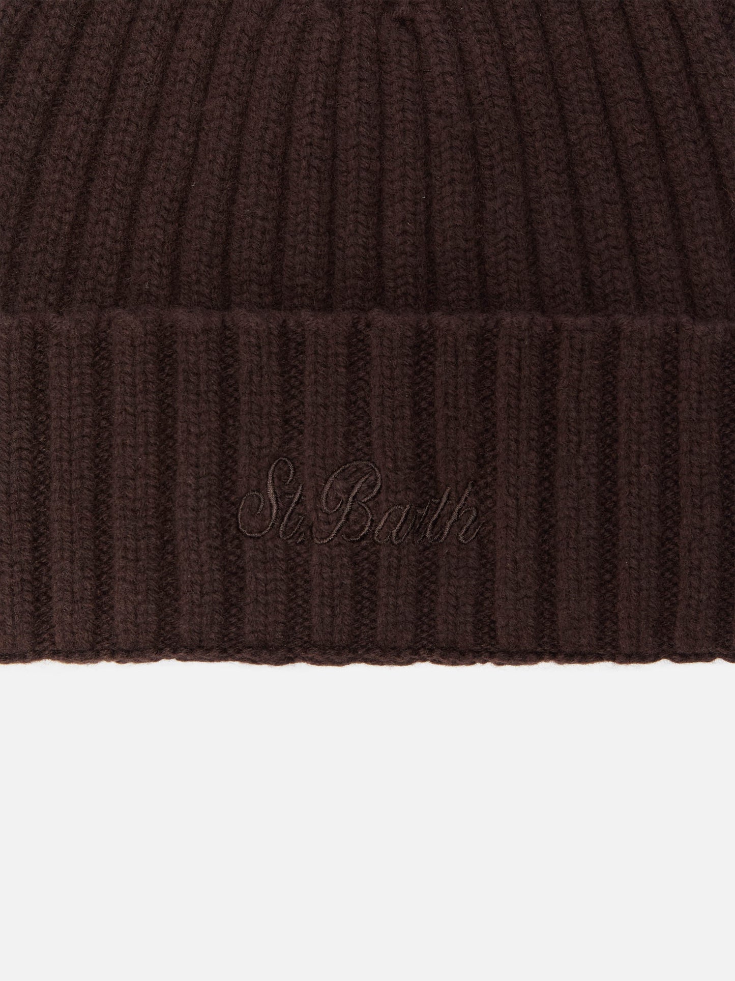 Wengen-Mütze aus brauner Wolle mit St.-Barth-Stickerei am Umschlag