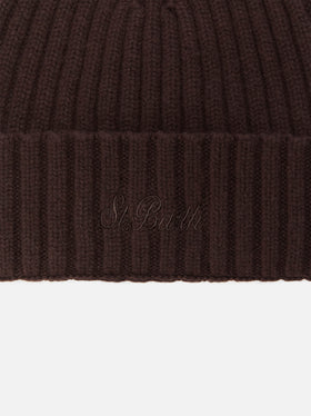 Wengen-Mütze aus brauner Wolle mit St.-Barth-Stickerei am Umschlag