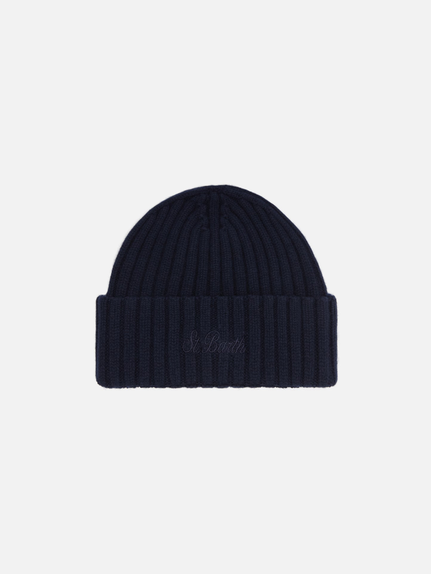 Wengen-Mütze in Marineblau mit St.-Barth-Stickerei am Umschlag