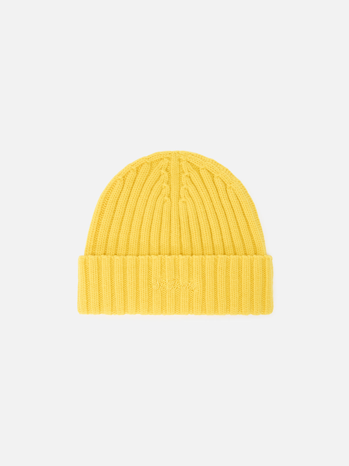 Gelbe Wengen Beanie aus Wolle mit Logostickerei 