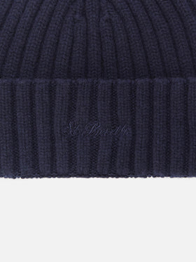 Wengen-Mütze aus marineblauer Wolle mit St.-Barth-Stickerei am Umschlag