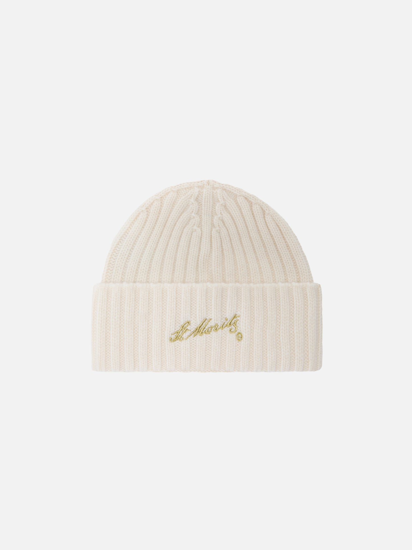 Wengen beanie in white cashmere with St. Moritz embroidery