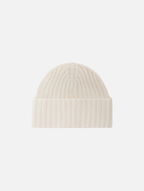 Wengen beanie in white cashmere with St. Moritz embroidery