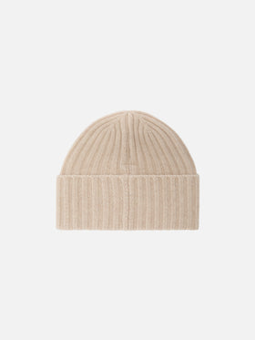 Wengen beanie in beige melange cashmere with St. Barth embroidery on the turn-up