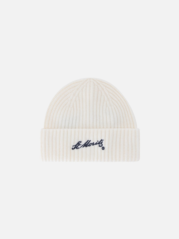 Off white Wengen cashmere beanie with St. Moritz embroidery | Special edition