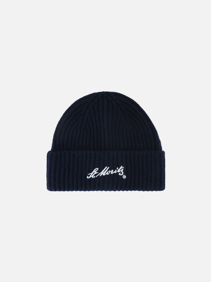 Navy blue Wengen cashmere beanie with St. Moritz embroidery | Special edition