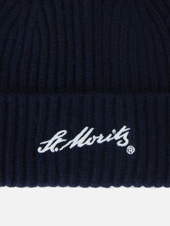 Navy blue Wengen cashmere beanie with St. Moritz embroidery | Special edition