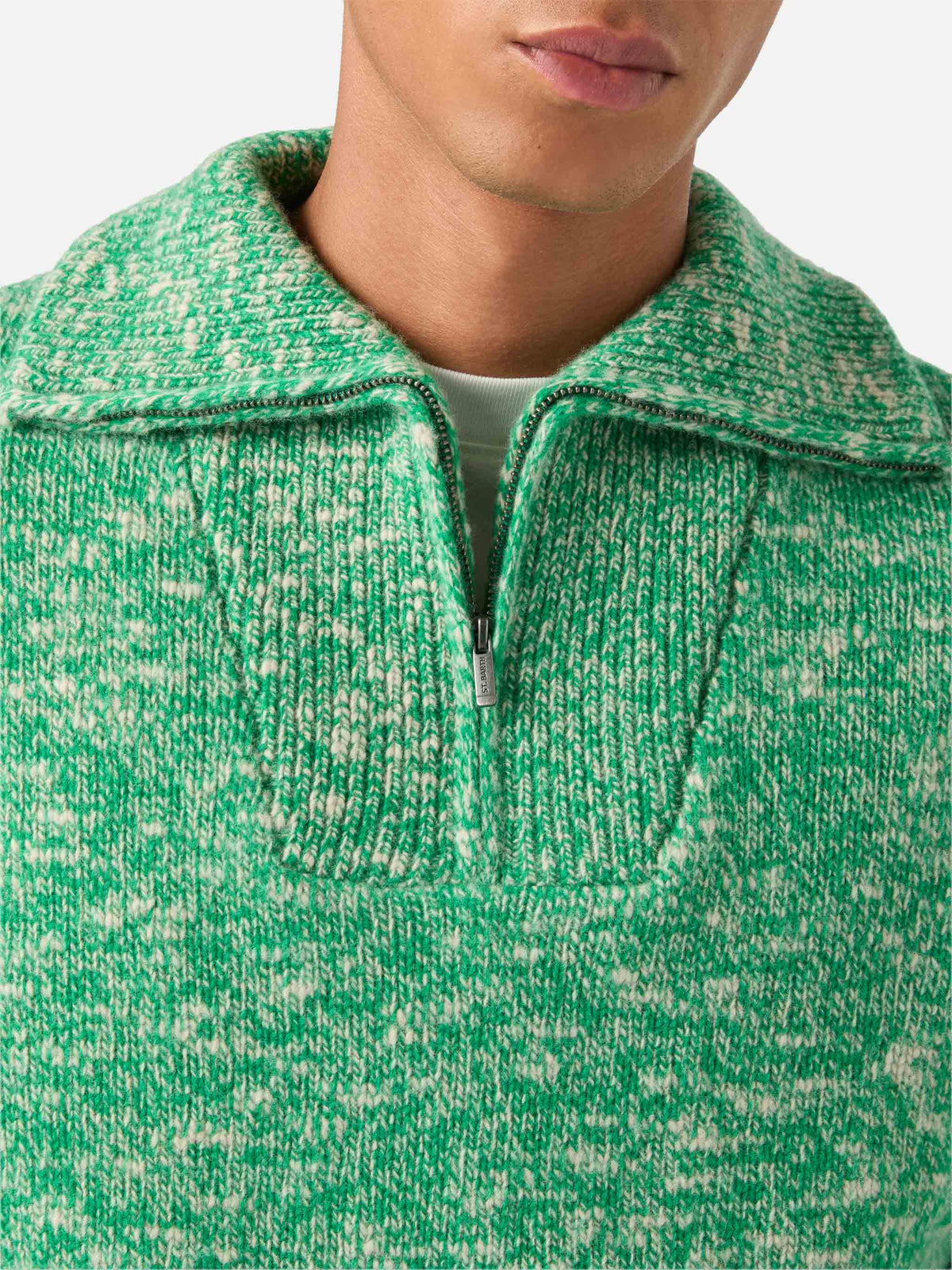 Maglia Wesley verde in lana con mezza zip e lavorazione mouliné