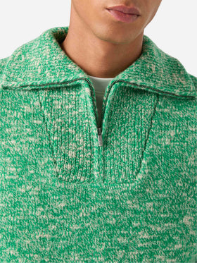 Maglia Wesley verde in lana con mezza zip e lavorazione mouliné