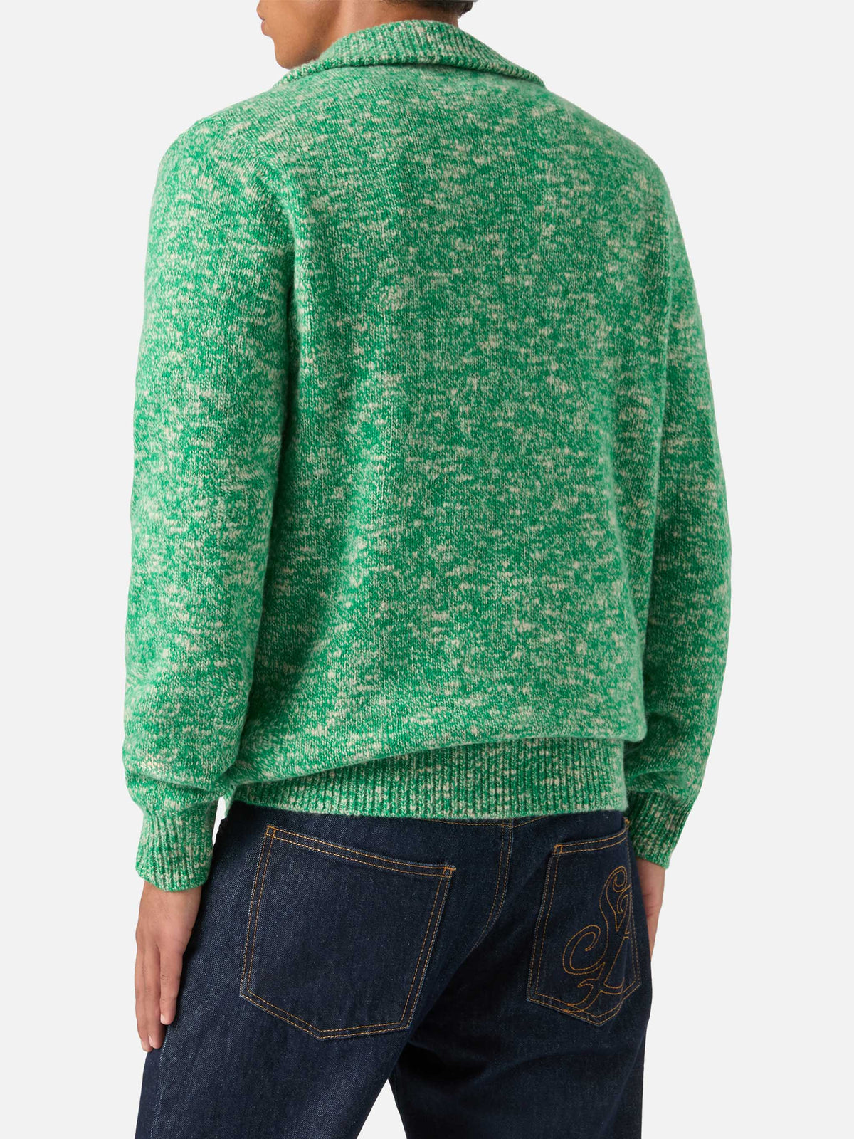 Maglia Wesley verde in lana con mezza zip e lavorazione mouliné