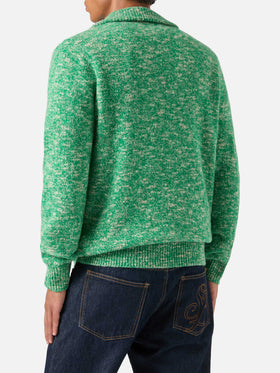 Maglia Wesley verde in lana con mezza zip e lavorazione mouliné