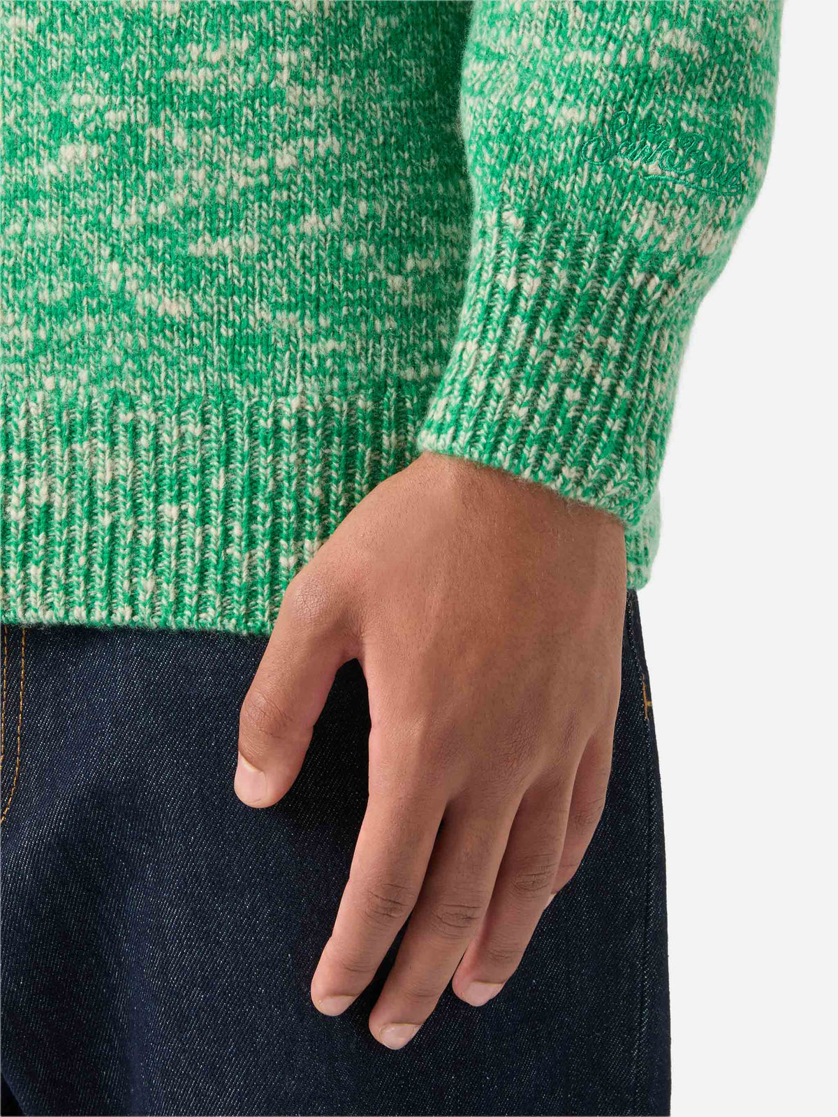Maglia Wesley verde in lana con mezza zip e lavorazione mouliné