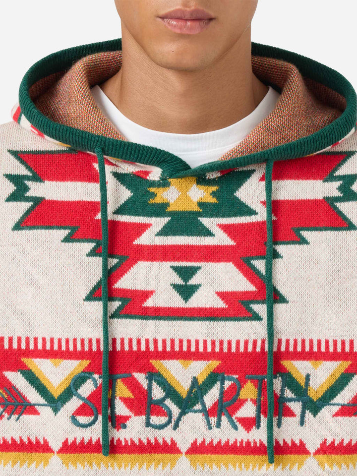 Wood brushed hooded knit with ethnic pattern