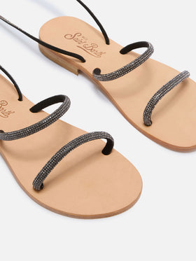 Wrap lace-up sandals with black rhinestones