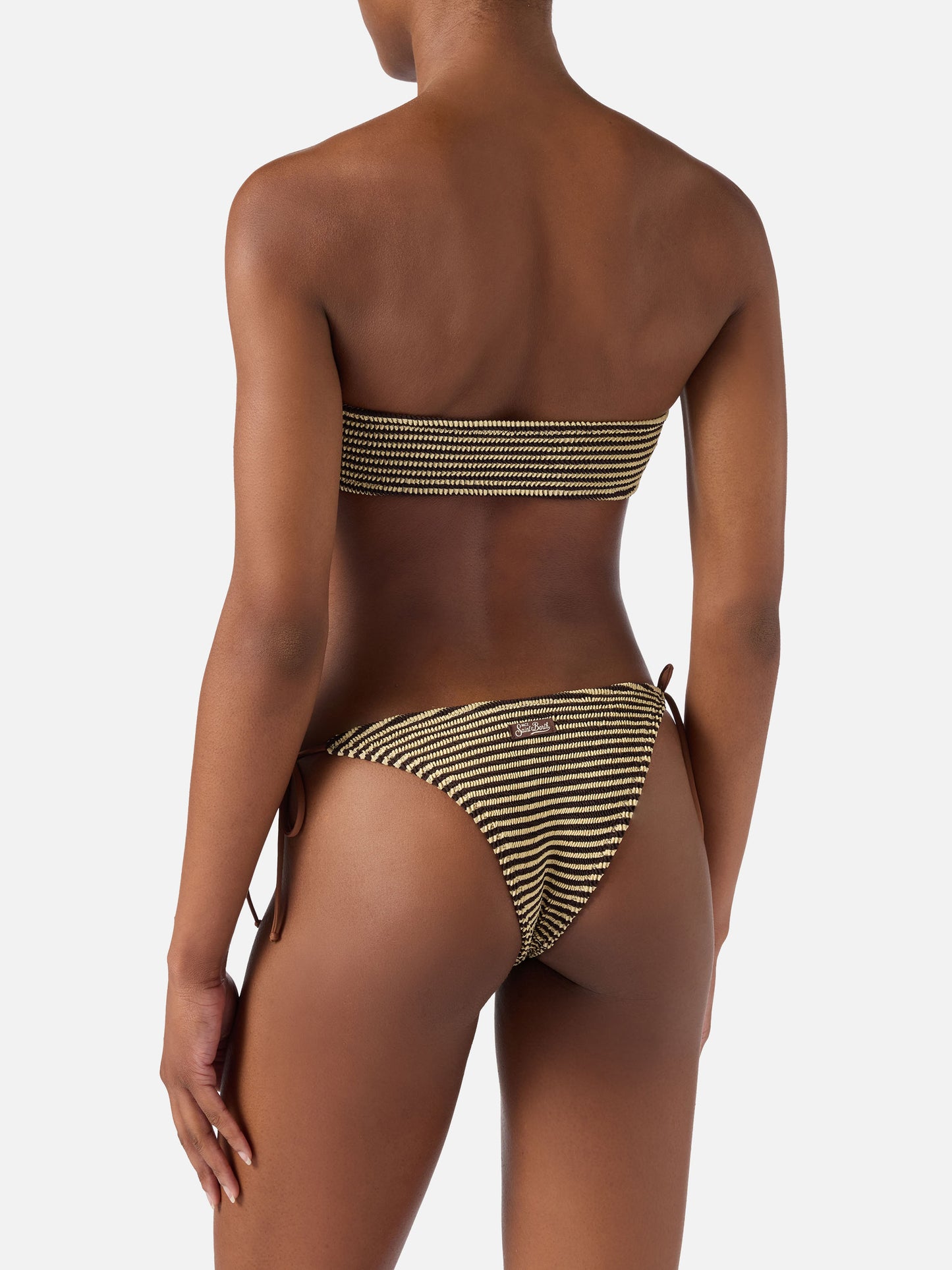 Bikini Yulia Marielle in tessuto crinkle a righe marrone e beige