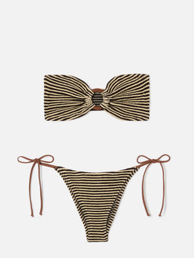 Bikini Yulia Marielle in tessuto crinkle a righe marrone e beige