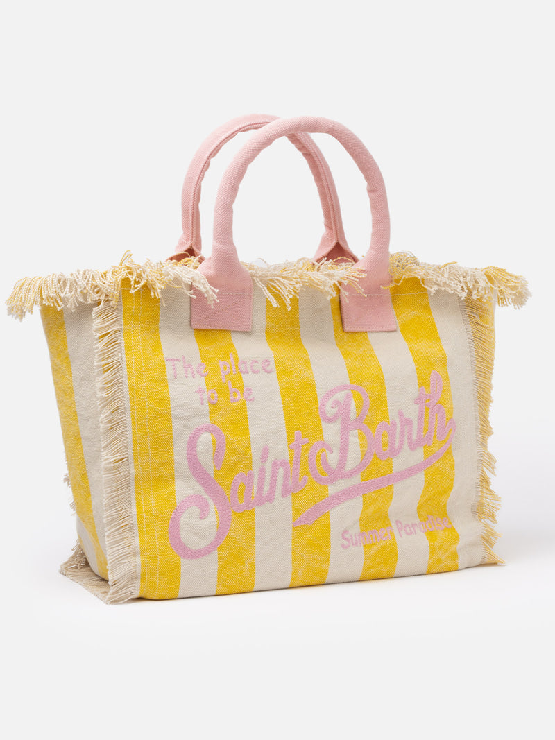 Gelb gestreifte Vanity-Einkaufstasche aus Baumwollcanvas