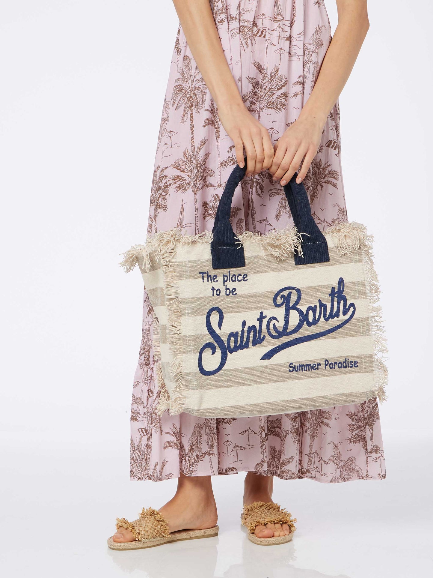 Cotton canvas Vanity tote bag with beige striped print - MC2 Saint Barth