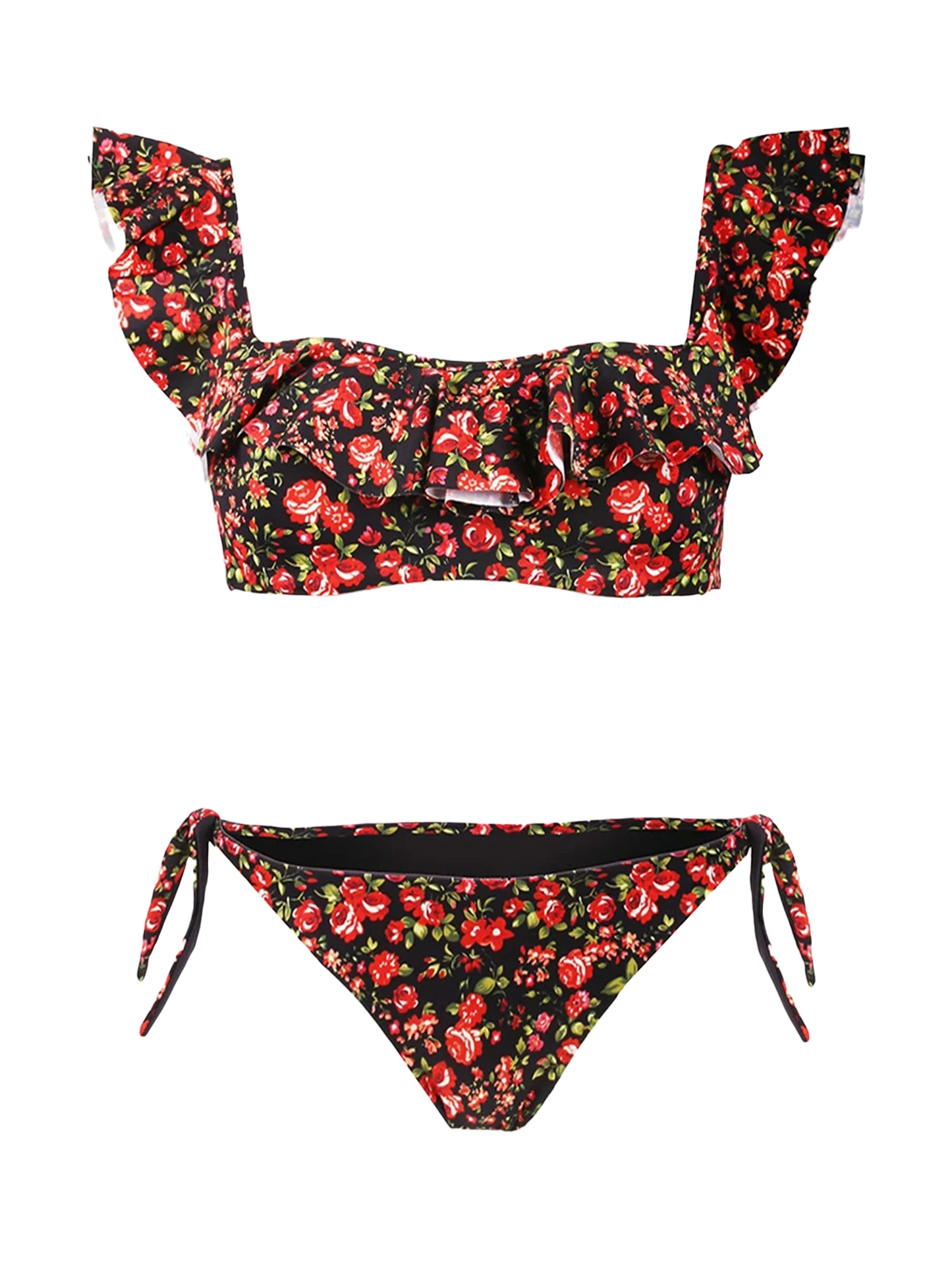 Flower print ruffled bandeau bikini
